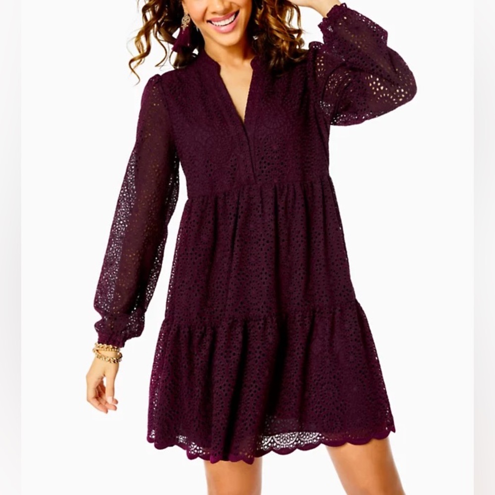 LILLY PULITZER: Winona Long Sleeve Eyelet; Cherry Ganache Chiffon, Small